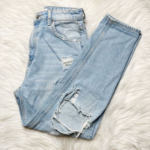 Zara High Rise Distressed Mom Straight Leg Jeans Light Wash Size 4 - Picture 2 of 8